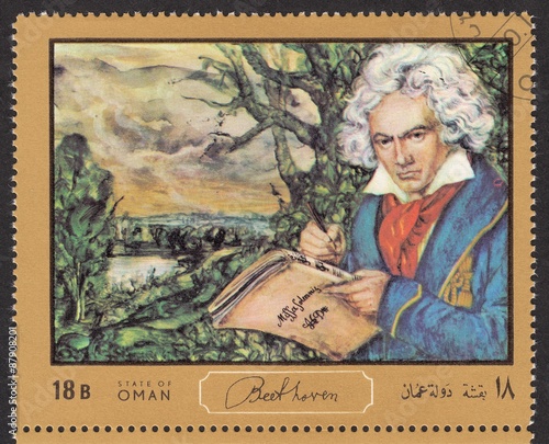 Portrait of Ludwig van Beethoven - German composer,conductor and pianist, stamp Sultanate of Oman circa 1972