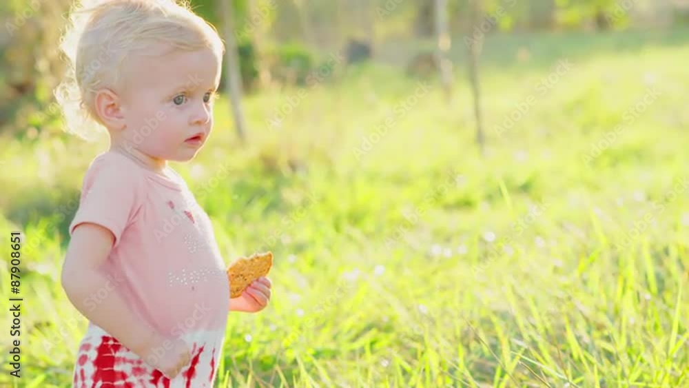 Cute blonde toddler outside in the sun with a cracker Cute blonde toddler outside in the sun with a cracker