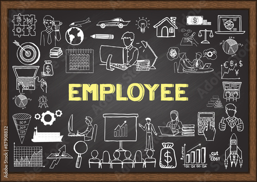 Business doodles about employee on chalkboard.