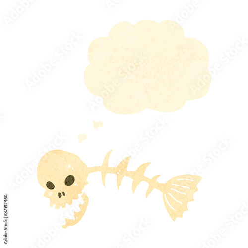 retro cartoon spooky fish bones with thought bubble
