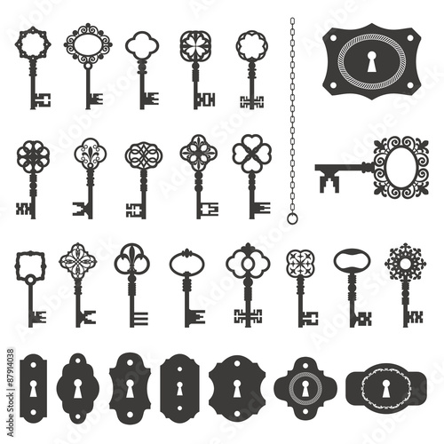 Vintage keys and keyholes set isolated on white.