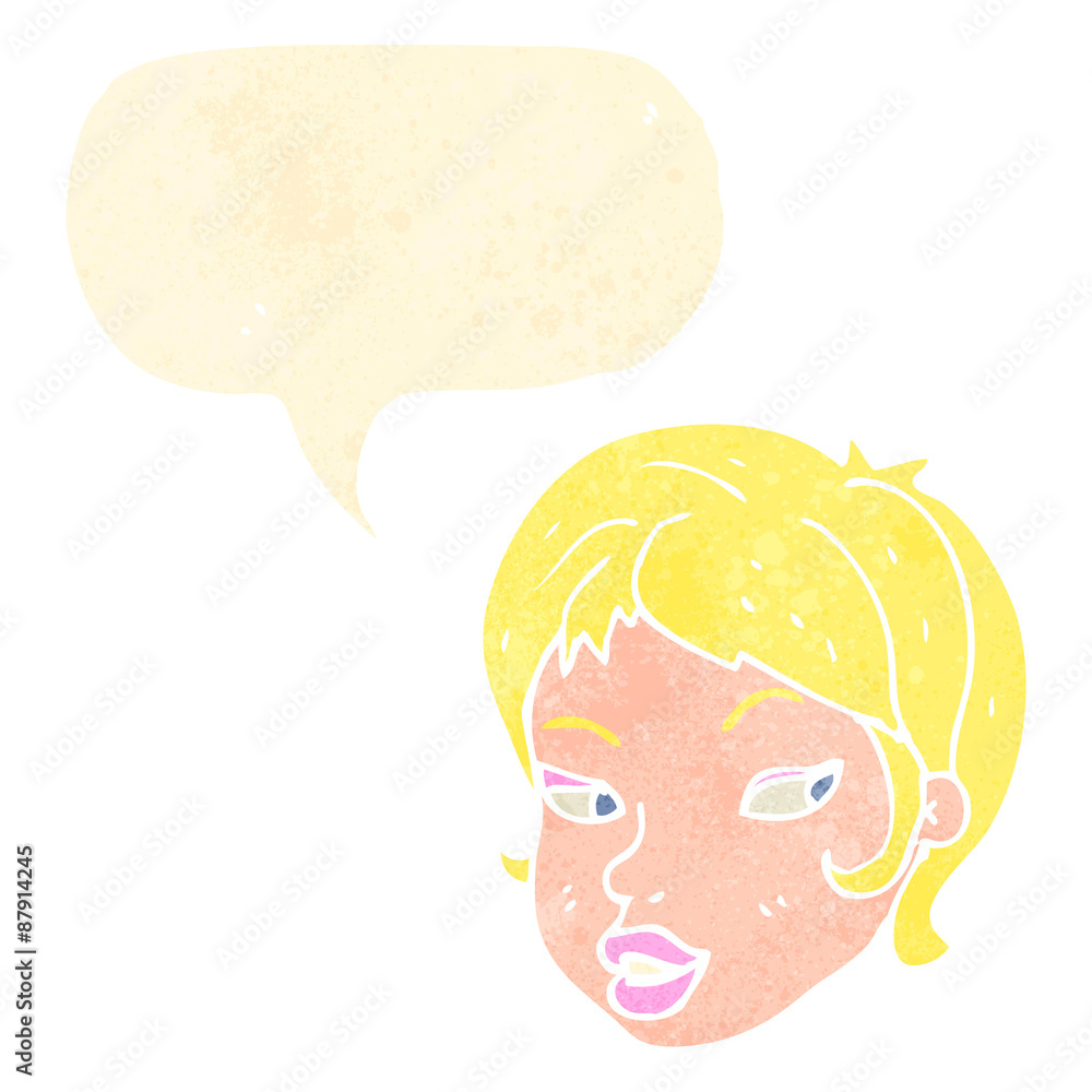 retro cartoon blond female face with speech bubble