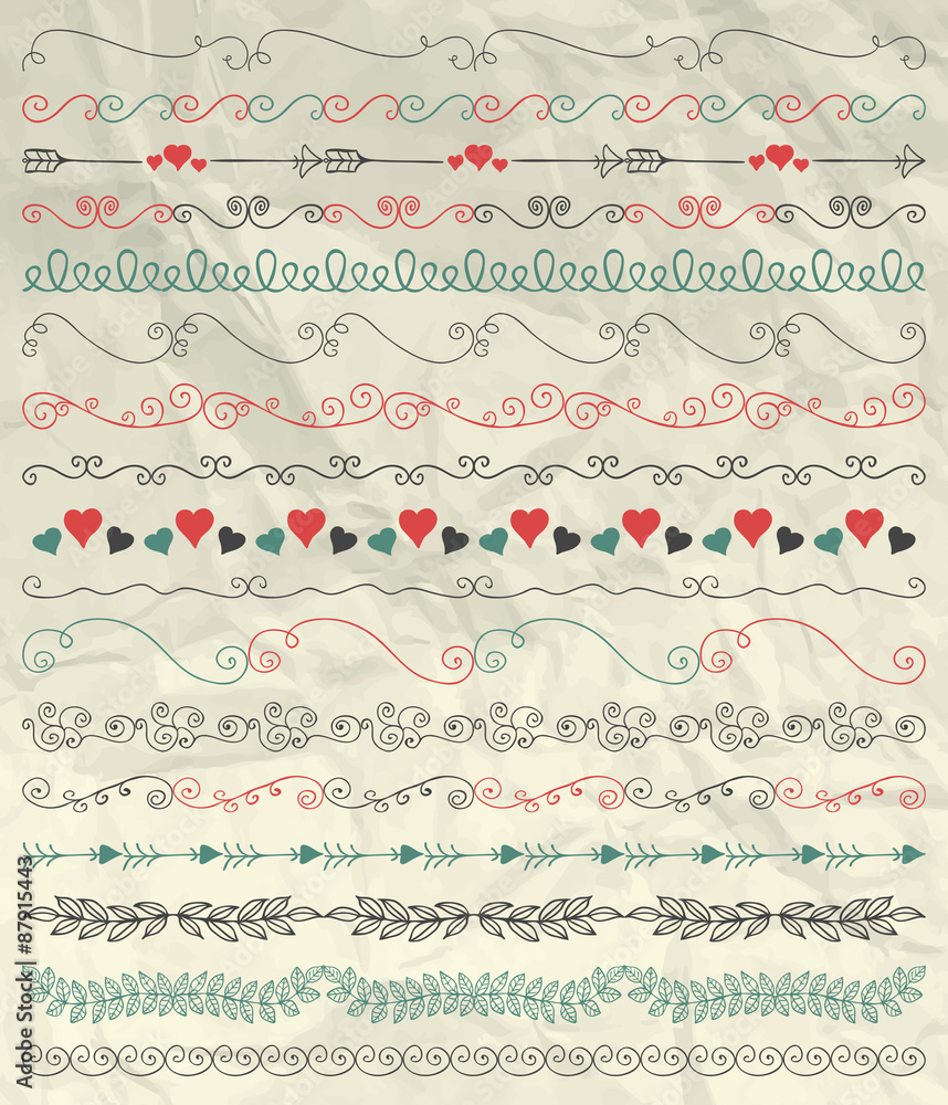 Sketched Seamless Borders, Branches on Crumpled Paper Sketched Seamless Borders, Branches on Crumpled Paper