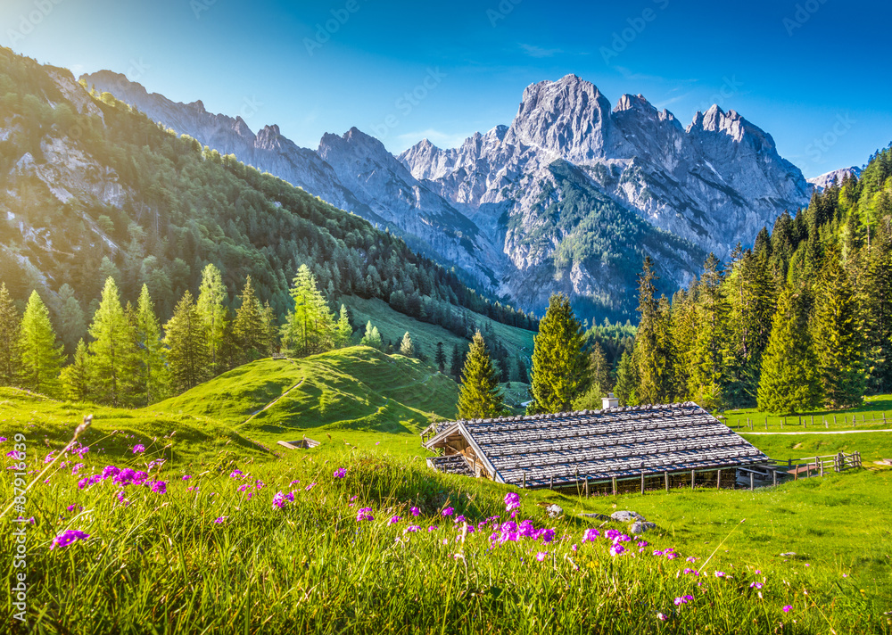 Idyllic landscape in the Alps with traditional mountain lodge at sunset