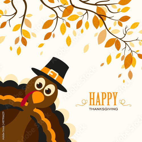 Vector Illustration of a Happy Thanksgiving Celebration Design with Cartoon Turkey and Autumn Leaves