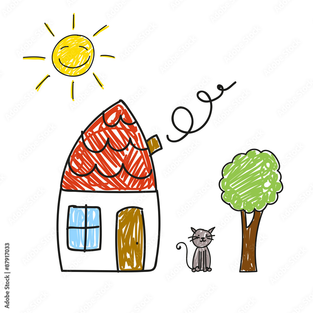 Vecteur Stock Vector Illustration of a Children Drawing of a House