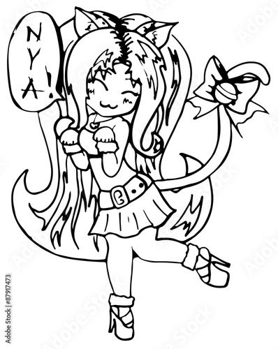 Cat girl line art hand drawn anime manga cartoon vector isolated