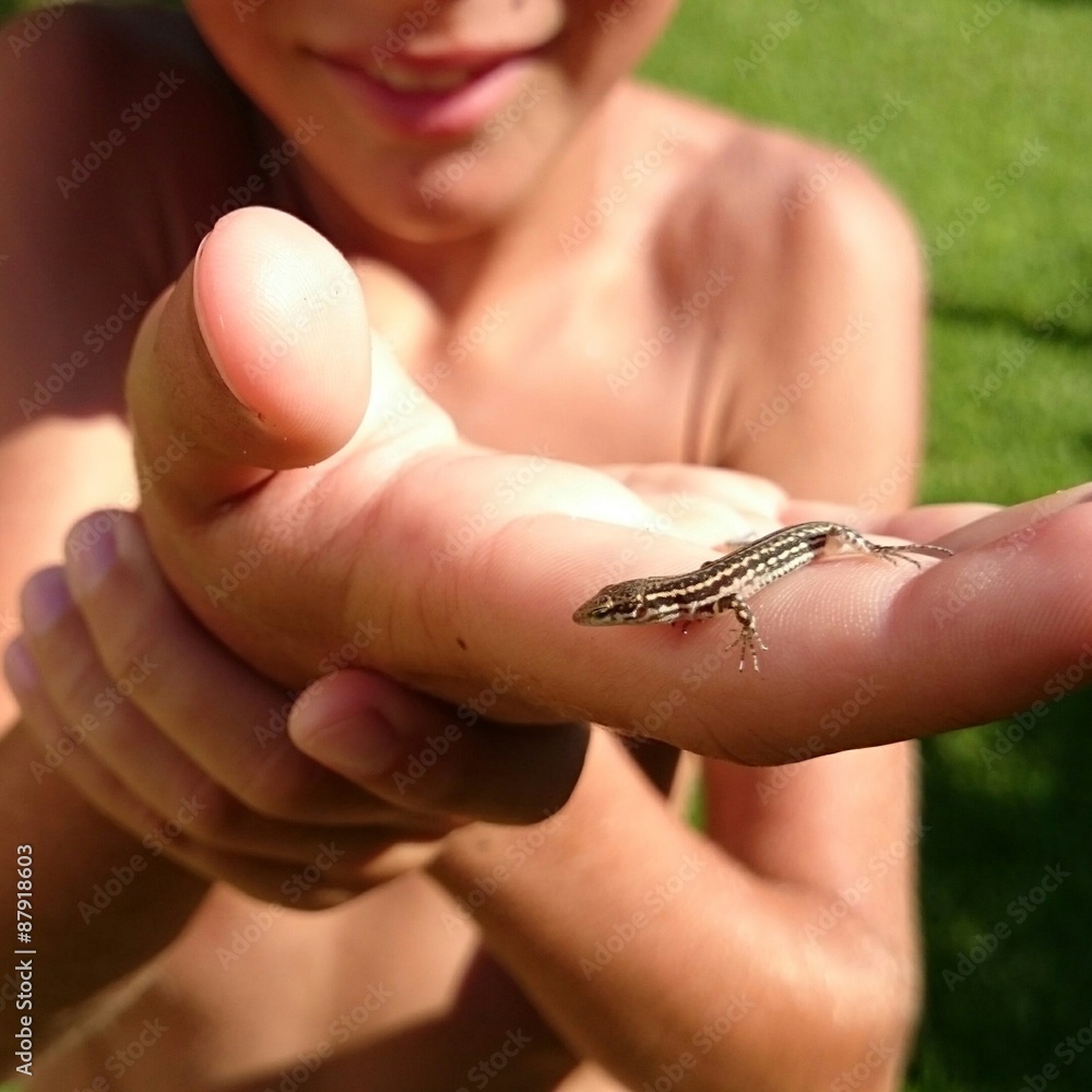 Niño con lagartija