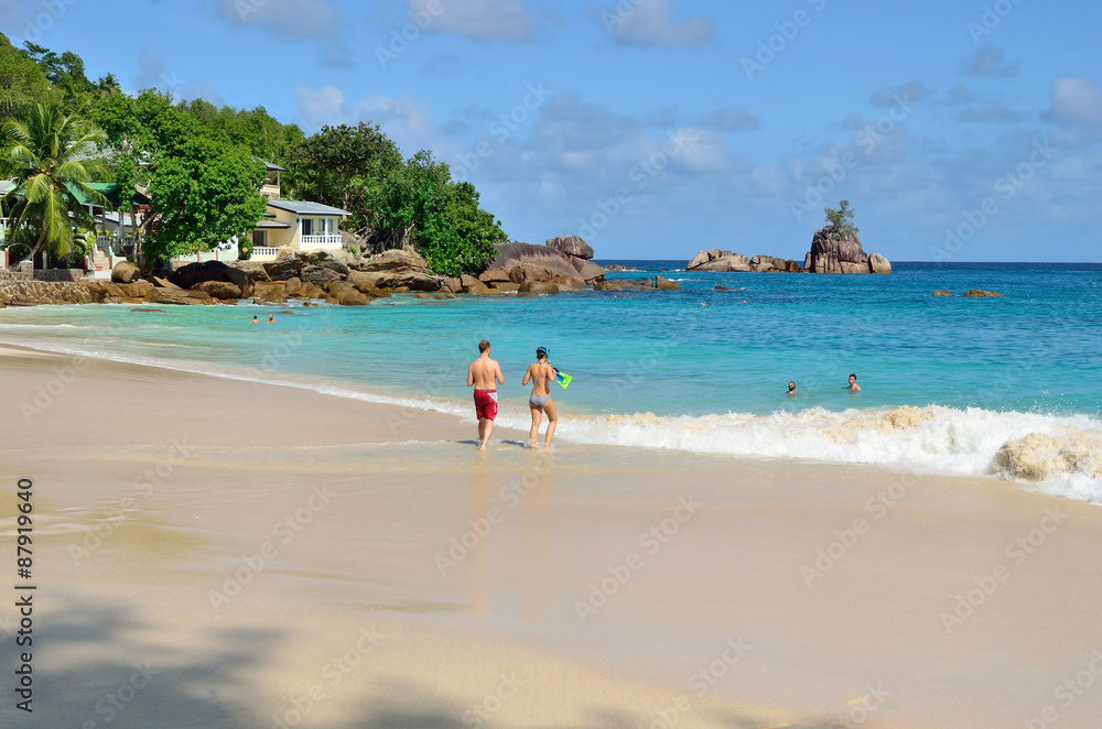 Tropical sandy beach on Seychelles islands