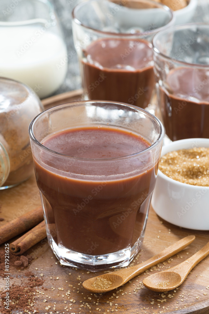 glass of cocoa with spices on a wooden tray, close-up, vertical glass of cocoa with spices on a wooden tray, close-up, vertical