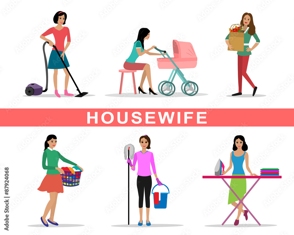 Young woman housewife set doing housework isolated vector illustration