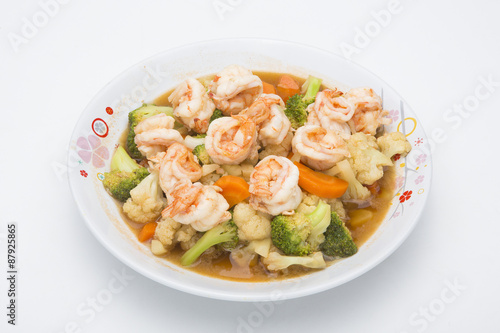 Thai healthy food stir-fried broccoli, carrot and shrimp