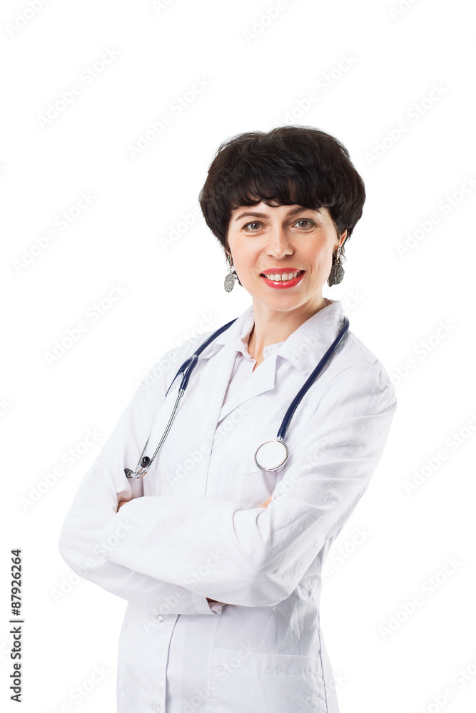 Woman doctor isolated on a white background, in meditation over Woman doctor isolated on a white background, in meditation over
