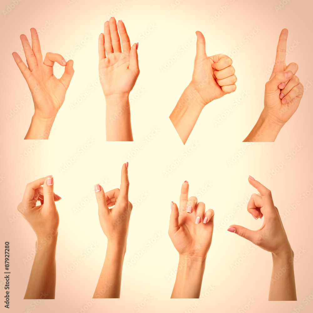 Collage of hands showing different gestures on light background Collage of hands showing different gestures on light background