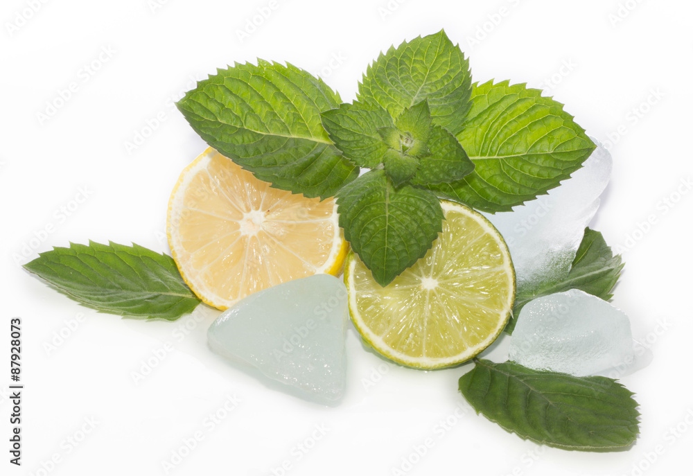 lime slice with mint leaves and ice cubes isolated lime slice with mint leaves and ice cubes isolated