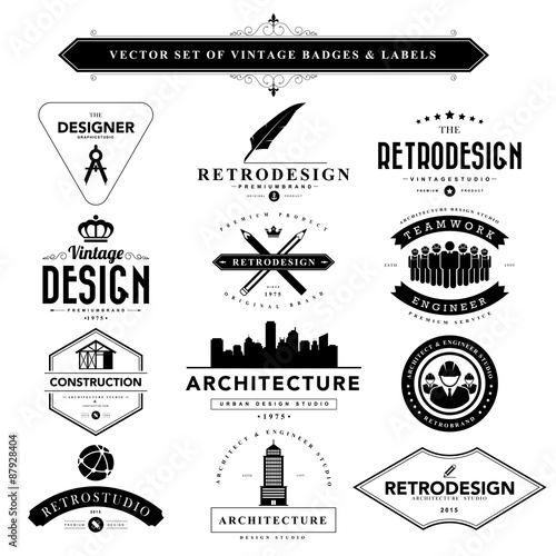 Set of black & white vintage badges and labels