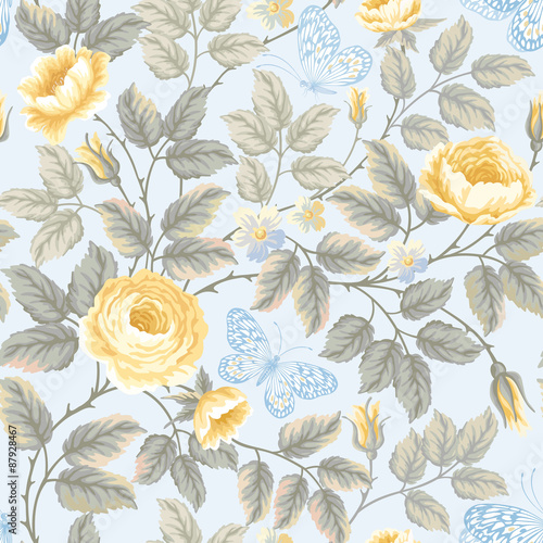 seamless floral pattern with roses and butterflies on blue backg