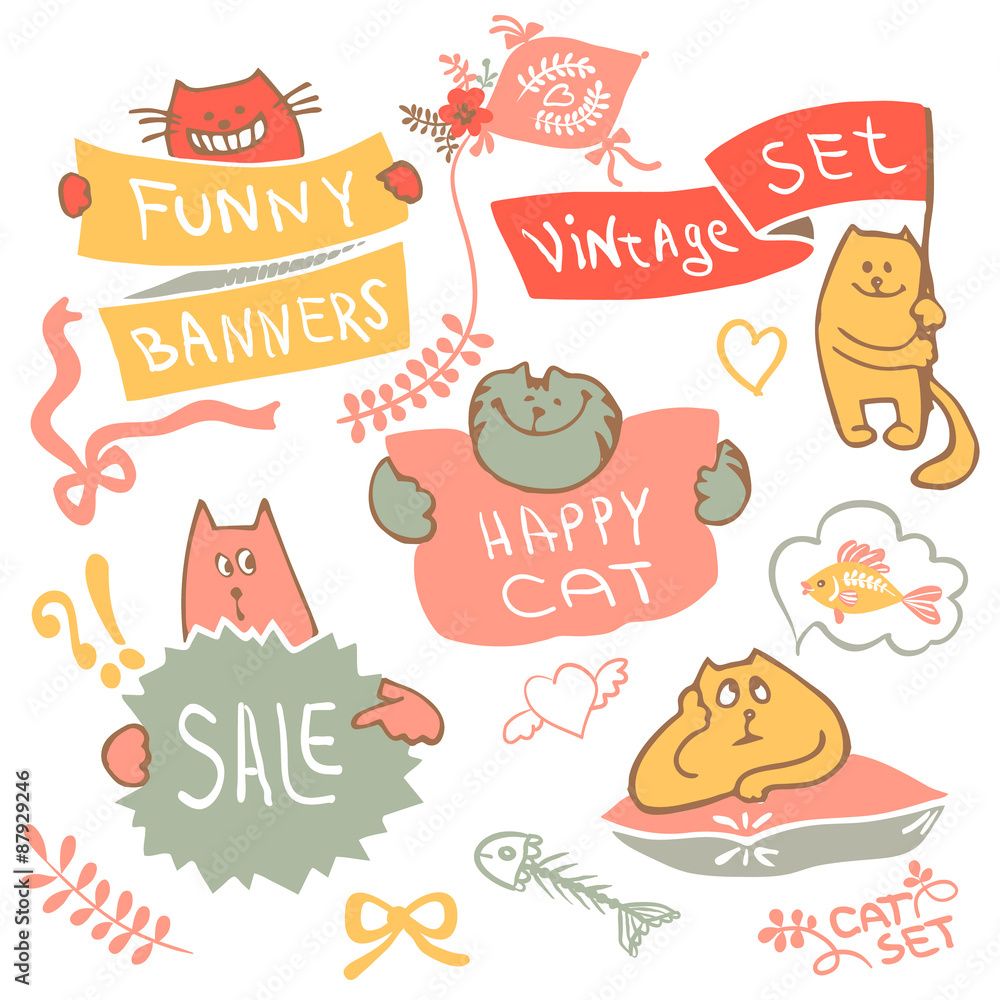 Set of hand drawing cat with banner logo vector. Set of hand drawing cat with banner logo vector.