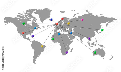 World map with colored pins indicating direction of traveling