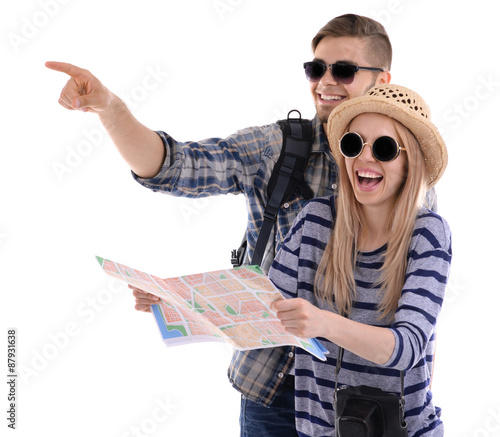 Pair of travelers with map ...