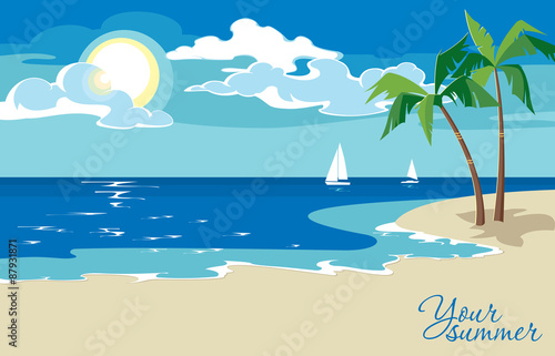Beautiful seaside view on sunny day in flat design style