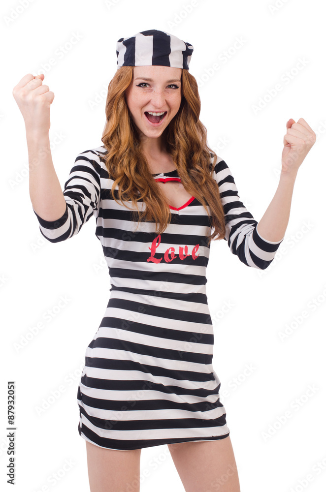 Pretty girl in prisoner uniform isolated on white Pretty girl in prisoner uniform isolated on white