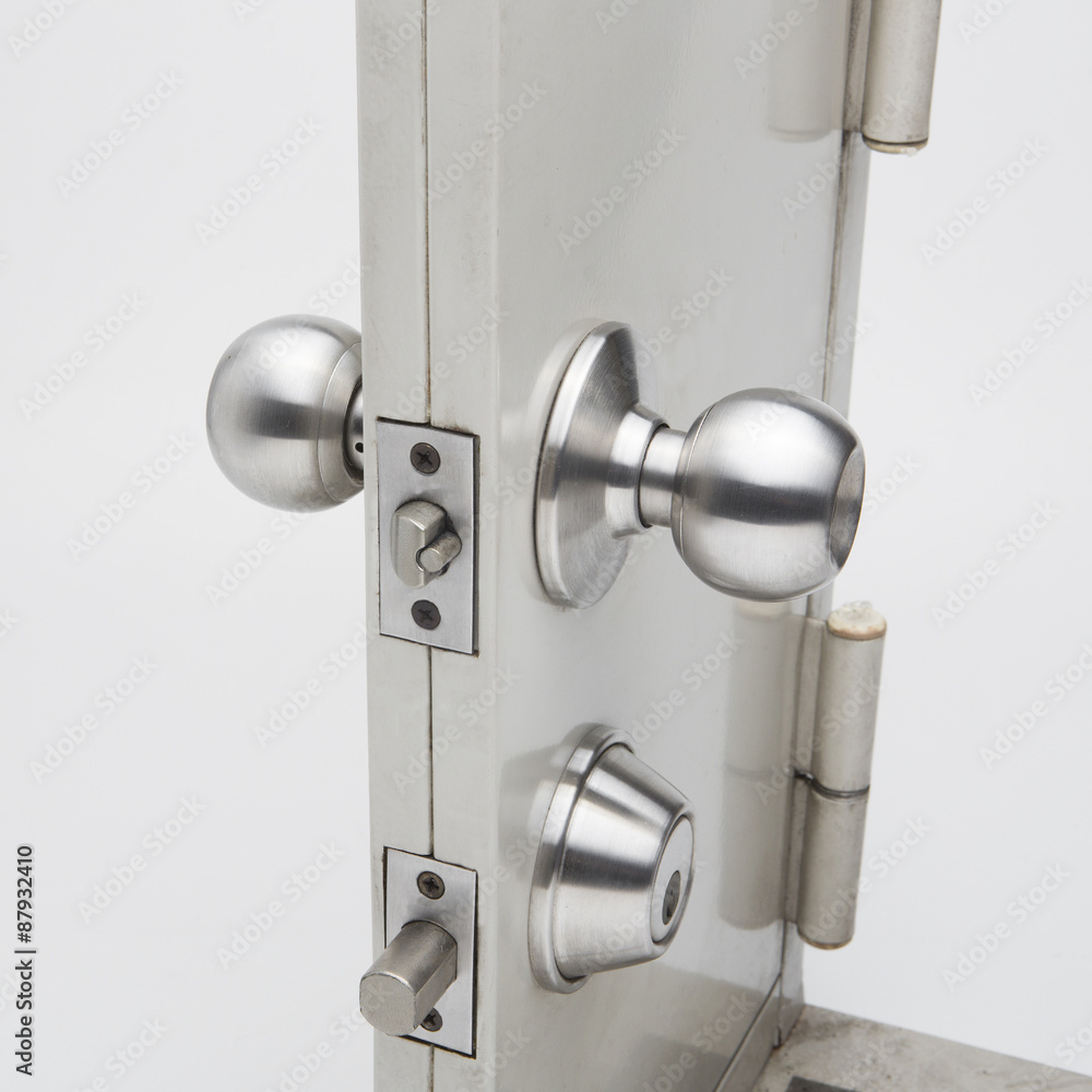 Door knobs, aluminum door white background. Door knobs, aluminum door white background.