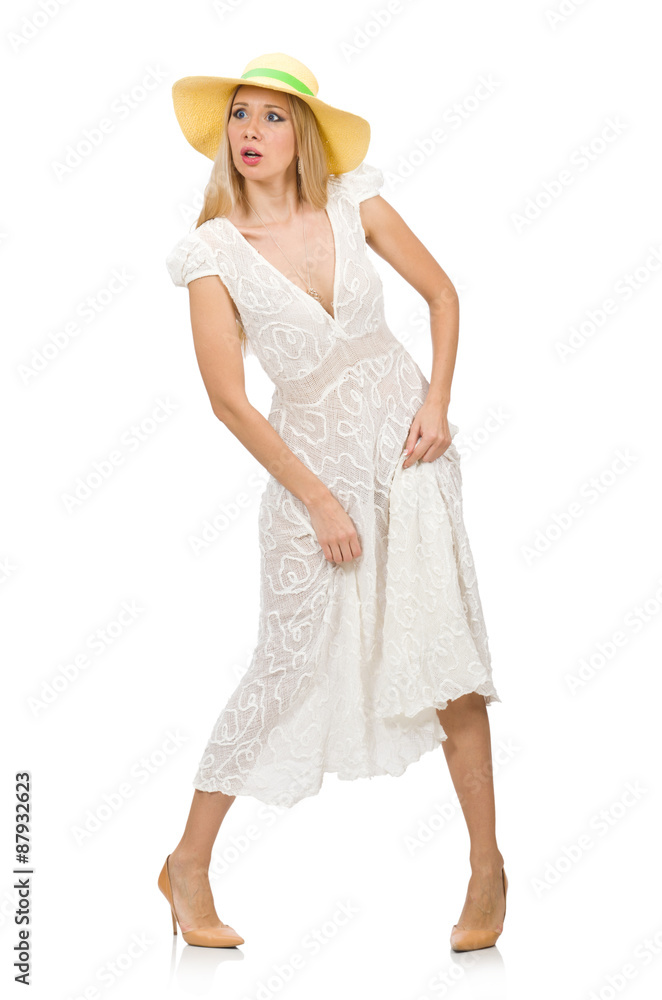 Woman in long summer dress and hat isolated on white Woman in long summer dress and hat isolated on white