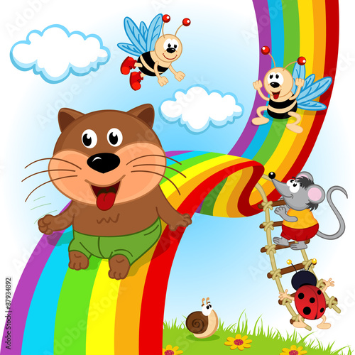 animals and insects ride on rainbow - vector illustration, eps