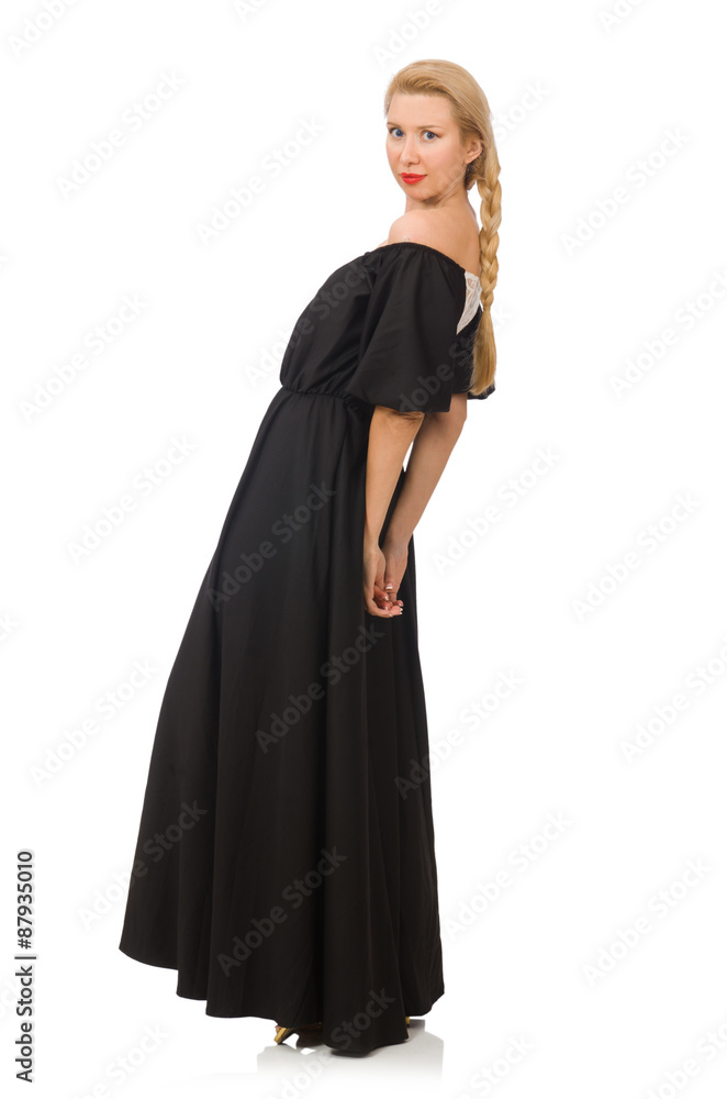 Fototapeta premium Tall woman in long black dress isolated on white