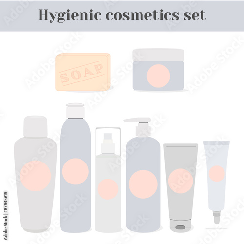 Hygienic cosmetics set. Illustration of health and beauty aids - micellar lotion, emulsion, make-up remover, shampoo, shower gel or liquid soap, cosmetic creams, soap. Isolated objects.