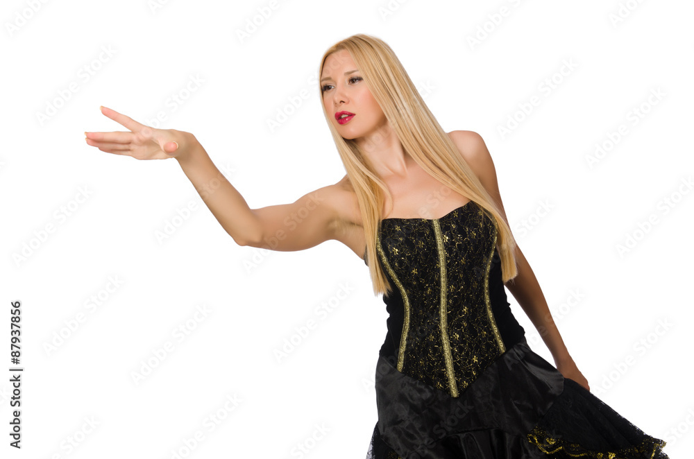 Blond hair girl in black evening dress isolated on white Blond hair girl in black evening dress isolated on white
