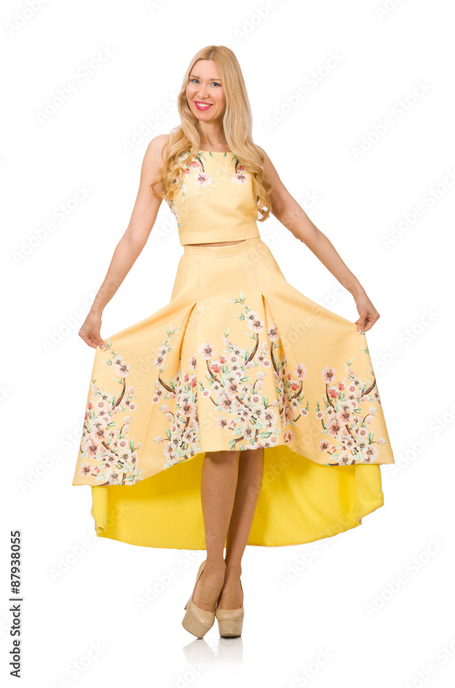 Blond girl in charming dress with flower prints isolated on Blond girl in charming dress with flower prints isolated on