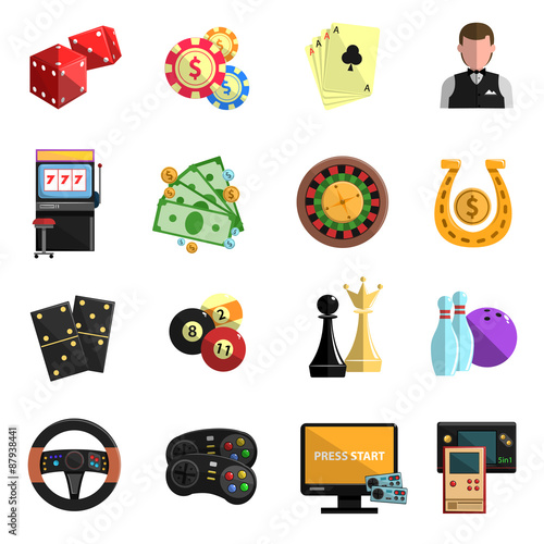 Casino gambling games flat icons set