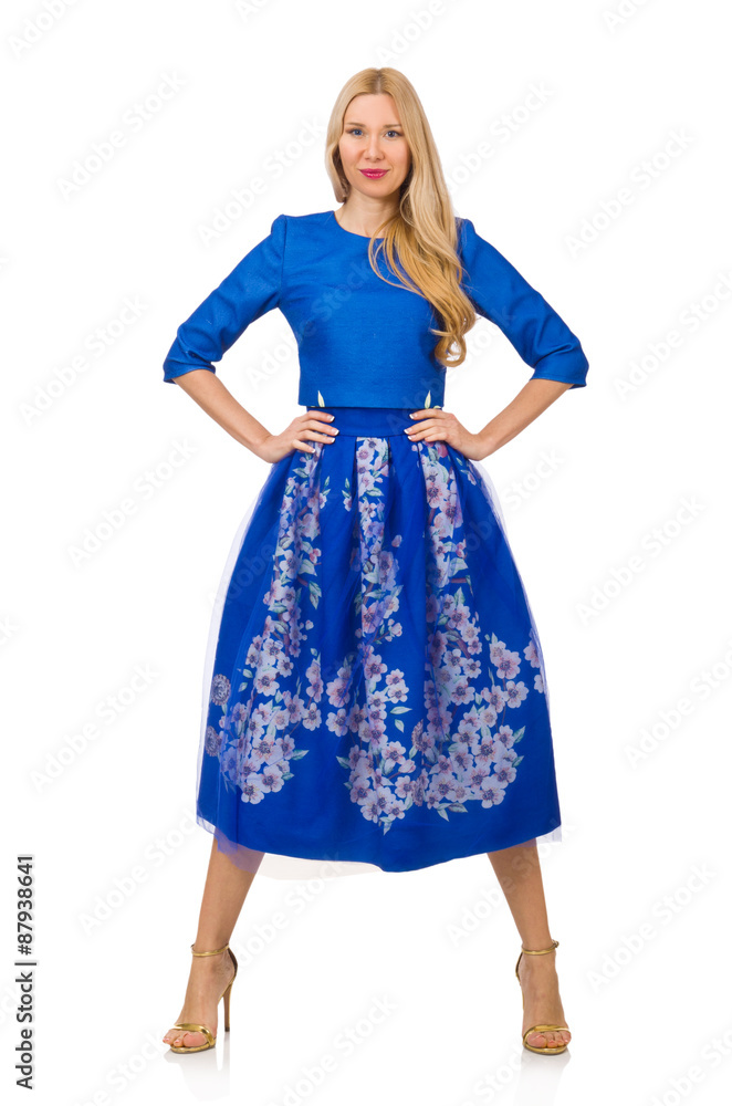 Woman in blue dress with flower prints isolated on white Woman in blue dress with flower prints isolated on white