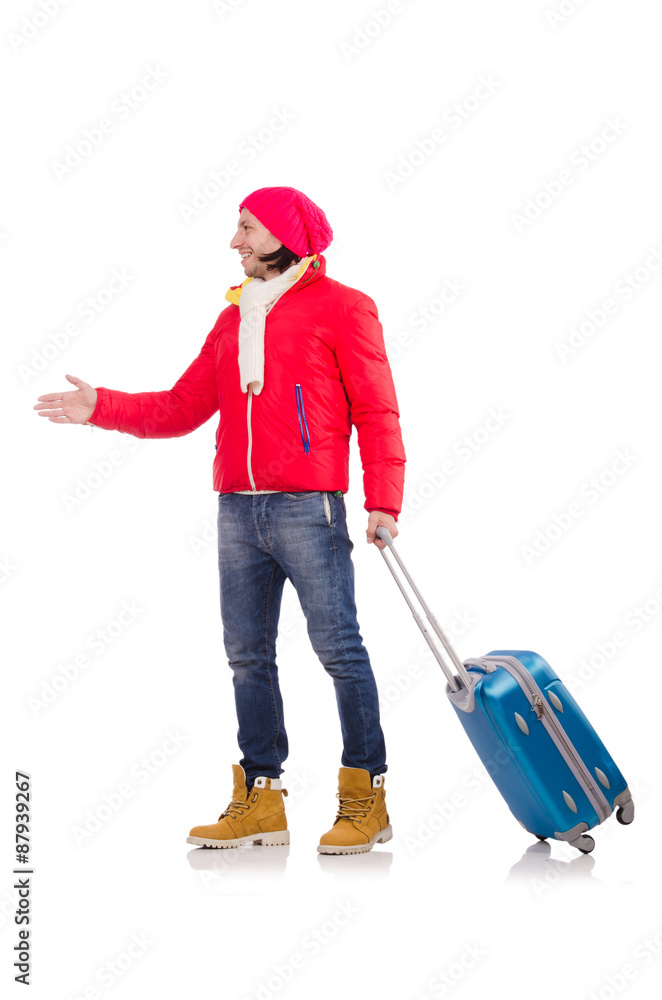 Tourist holding suitcase isolated on white Tourist holding suitcase isolated on white