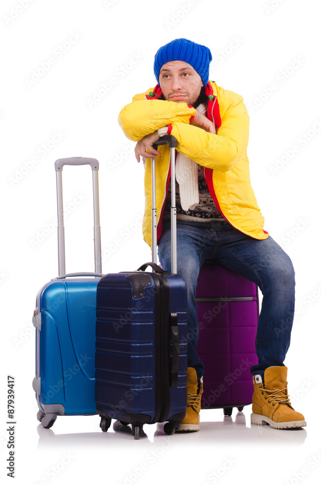 Tourist sitting on suitcase isolated on white Tourist sitting on suitcase isolated on white
