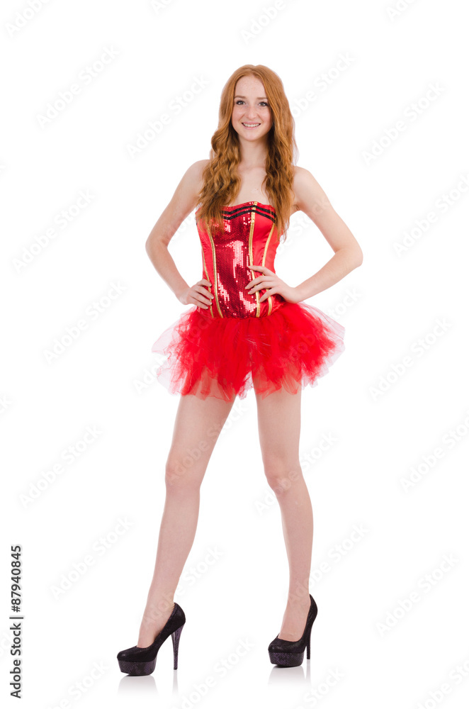 Red hair girl in carnival costume isolated on white