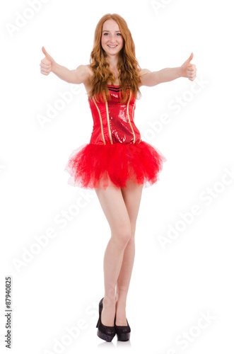 Red hair girl in carnival costume isolated on white