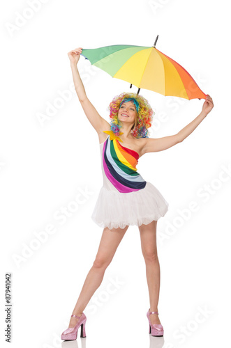 Woman with colorful umbrella on white