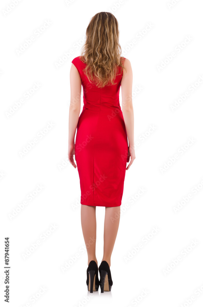 Fototapeta premium Young woman in red dress isolated on white