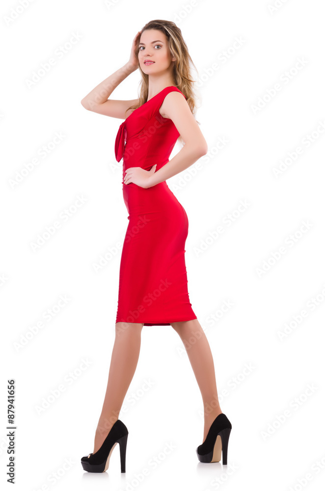 Young woman in red dress isolated on white Young woman in red dress isolated on white