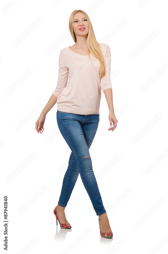 Pretty woman in blue jeans isolated on white Pretty woman in blue jeans isolated on white