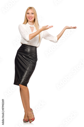 Pretty woman in leather skirt isolated on white