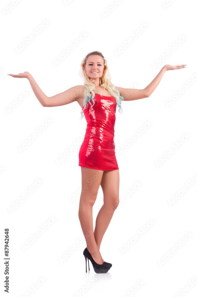 Blondie in red sparkling mini dress isolated on white Blondie in red sparkling mini dress isolated on white