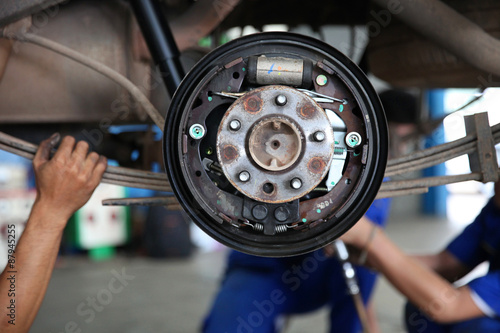 drum brake mechanism of car wheel in garage