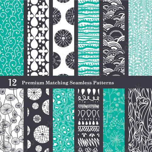 Vector Black Sea Foam Green 12 Set Seamless Patterns