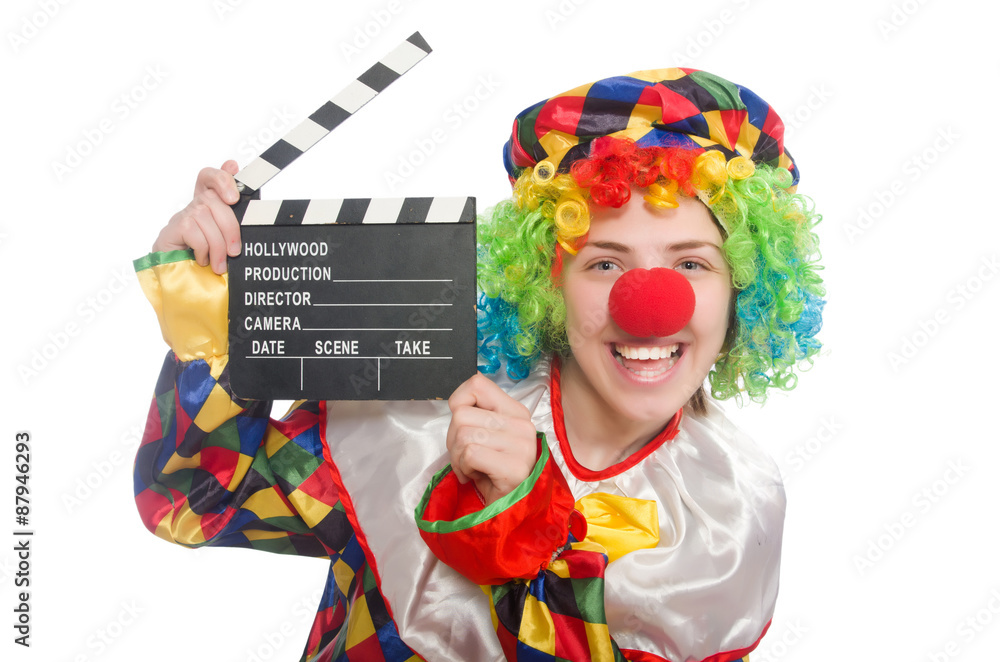 Clown with movie clapper isolated on white Clown with movie clapper isolated on white