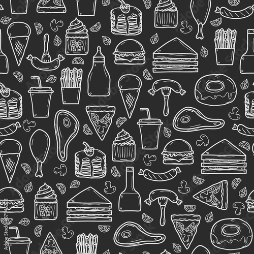 Seamless background with objects on american food theme: fried