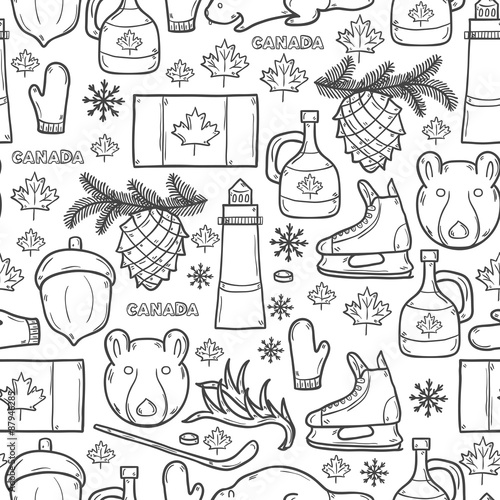 Seamless background with cartoon hand drawn objects on Canada